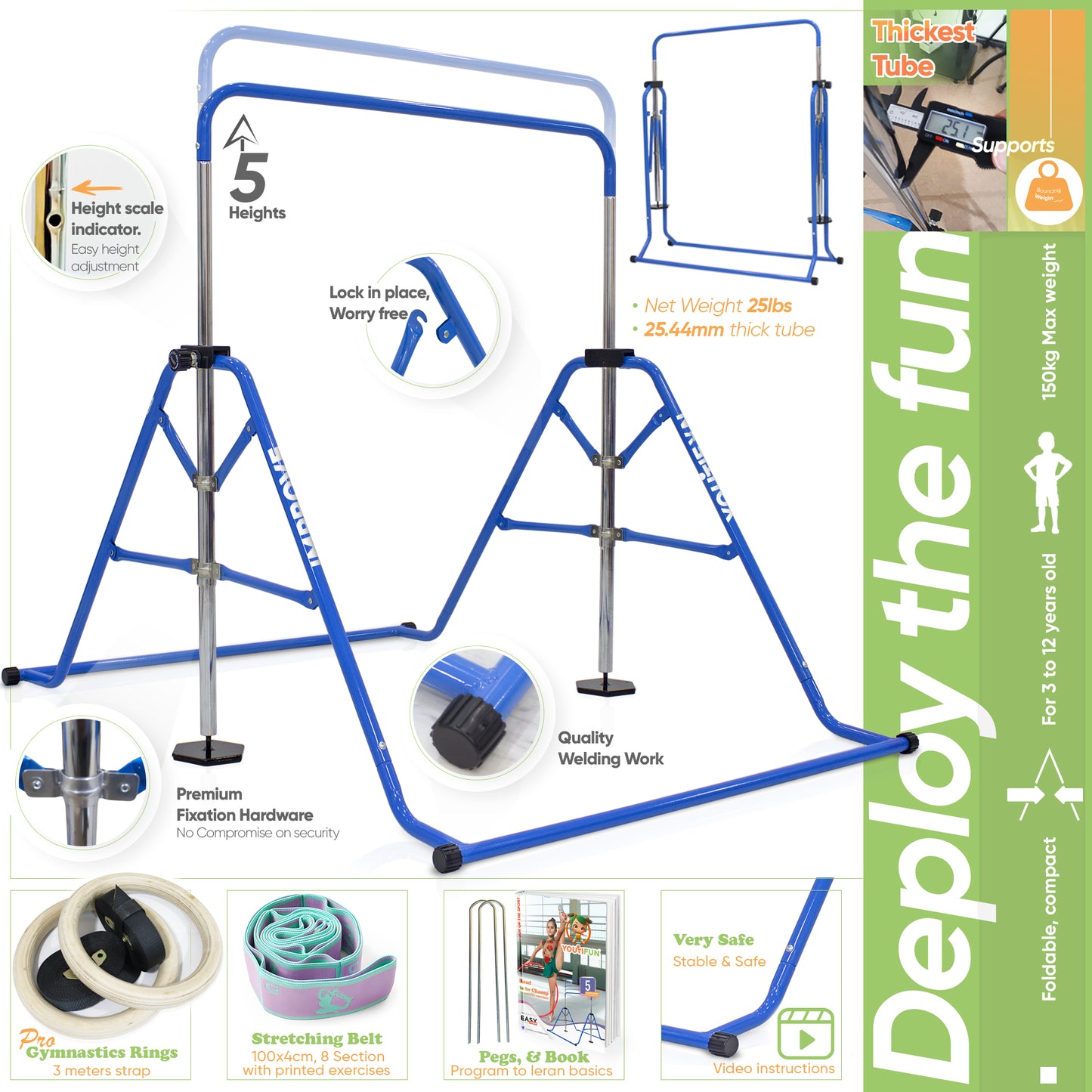Steel Gymnastics bar (Blue w/ Pro Rings)