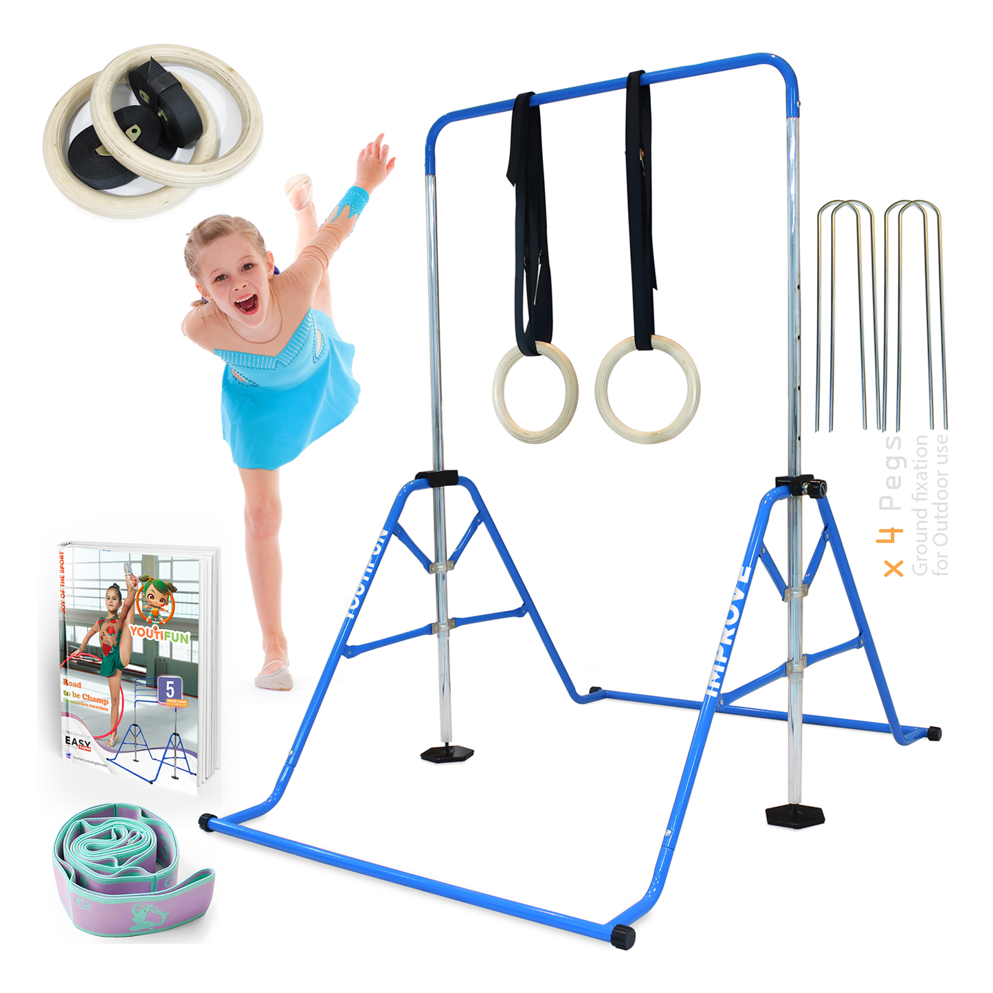 Steel Gymnastics bar (Blue w/ Pro Rings)