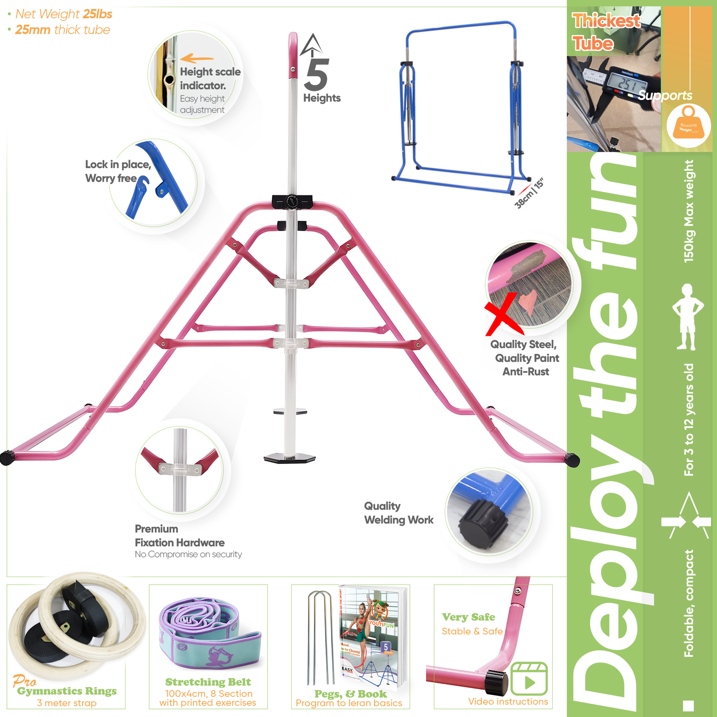 Steel Gymnastics Bar (Pink w/ Pro Rings)