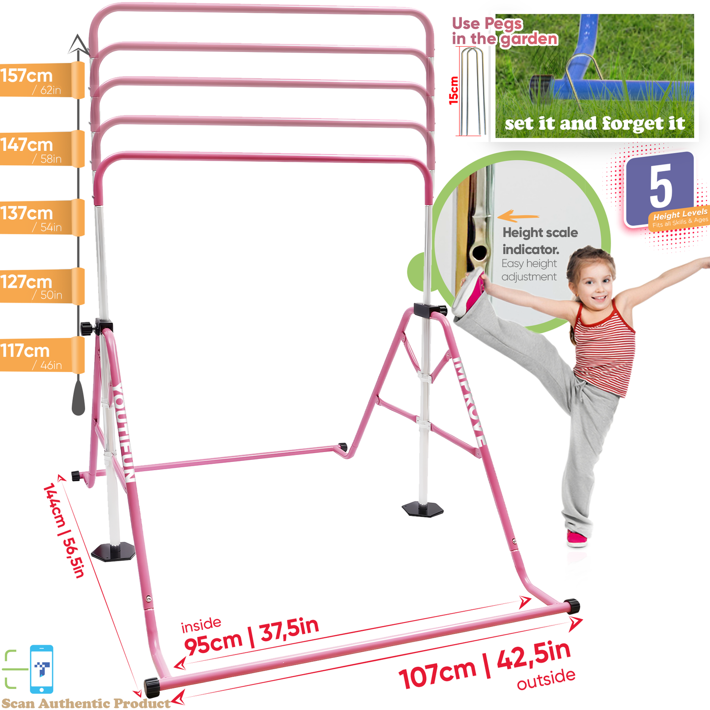 Steel Gymnastics Bar (Pink w/ Pro Rings)