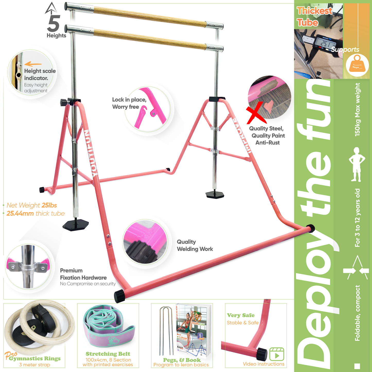 Fiberglass Gymnasticsbar (Pink w/ Pro Rings)