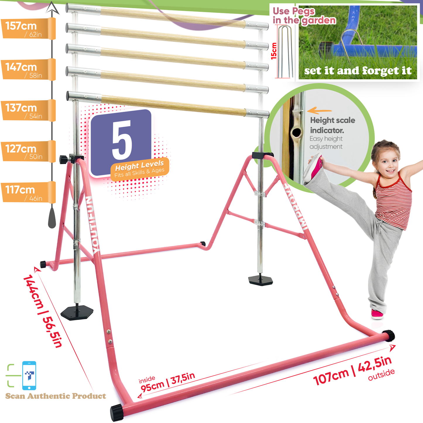 Fiberglass Gymnasticsbar (Pink w/ Pro Rings)