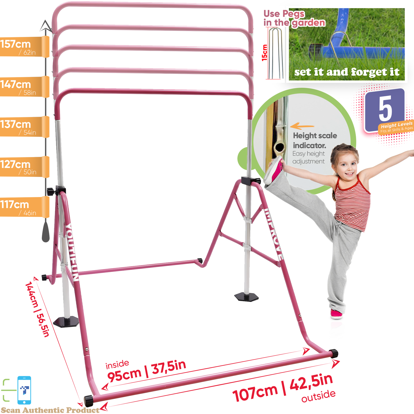 Steel Gymnastics bar (Pink w/ Blue Rings)