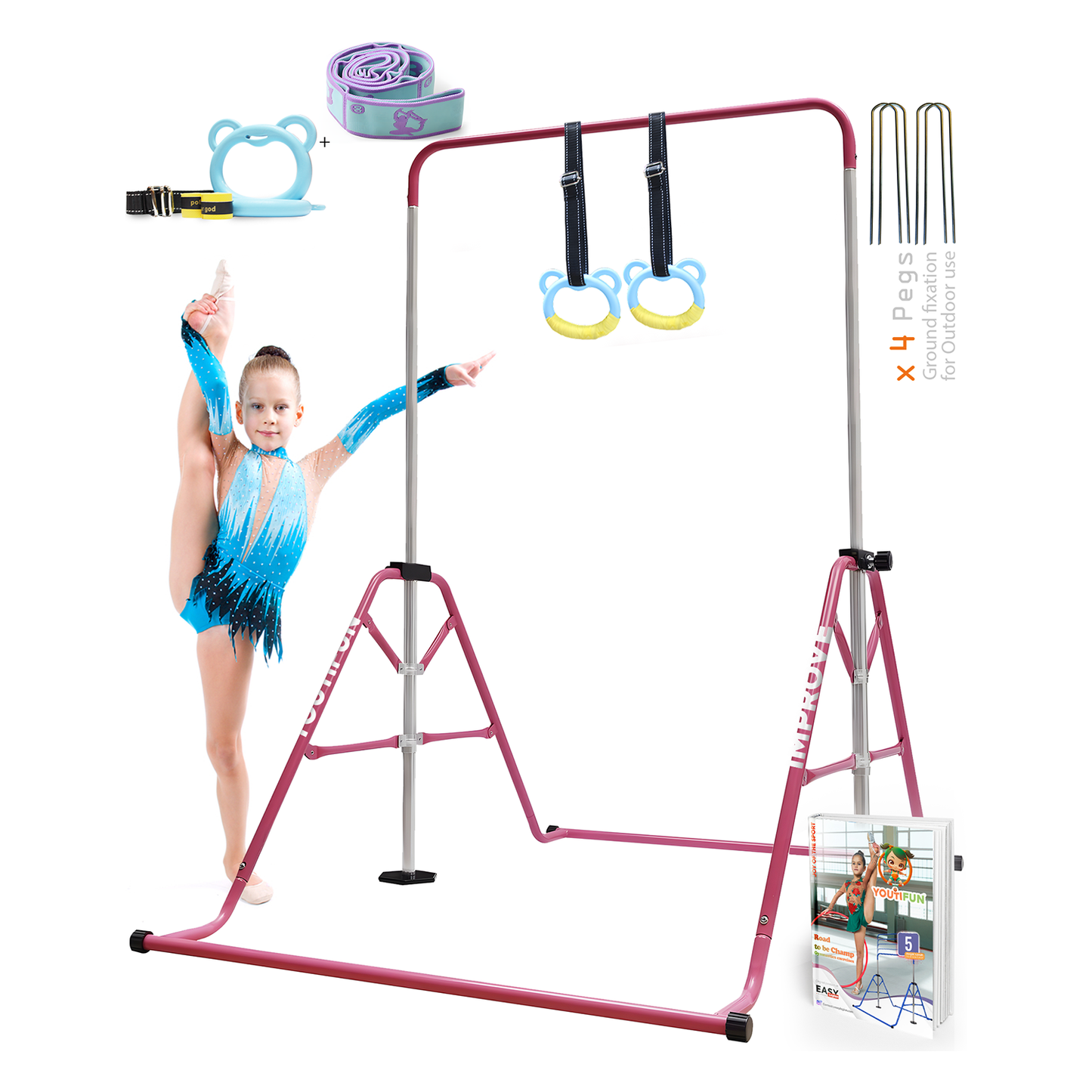 Steel Gymnastics bar (Pink w/ Blue Rings)