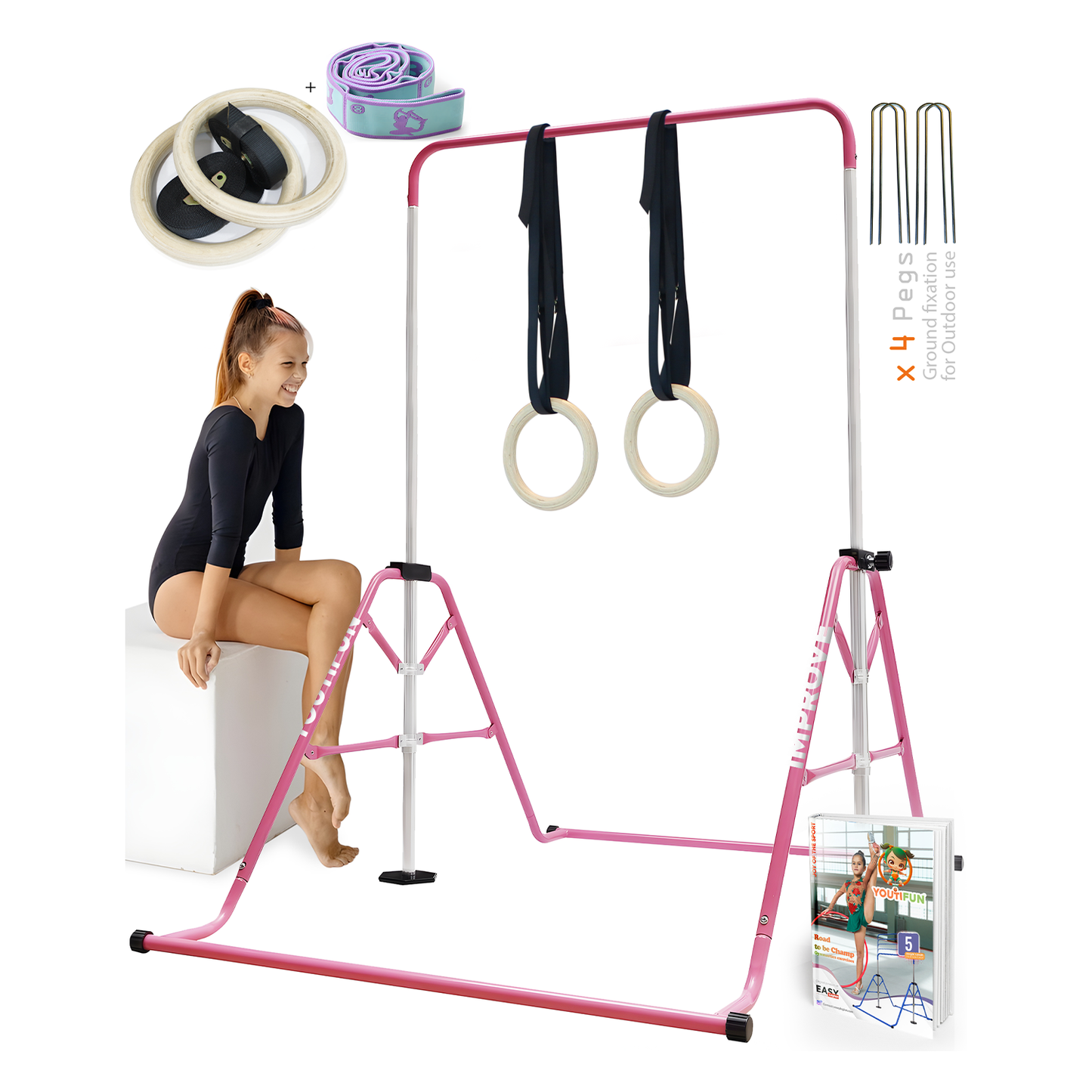 Steel Gymnastics Bar (Pink w/ Pro Rings)