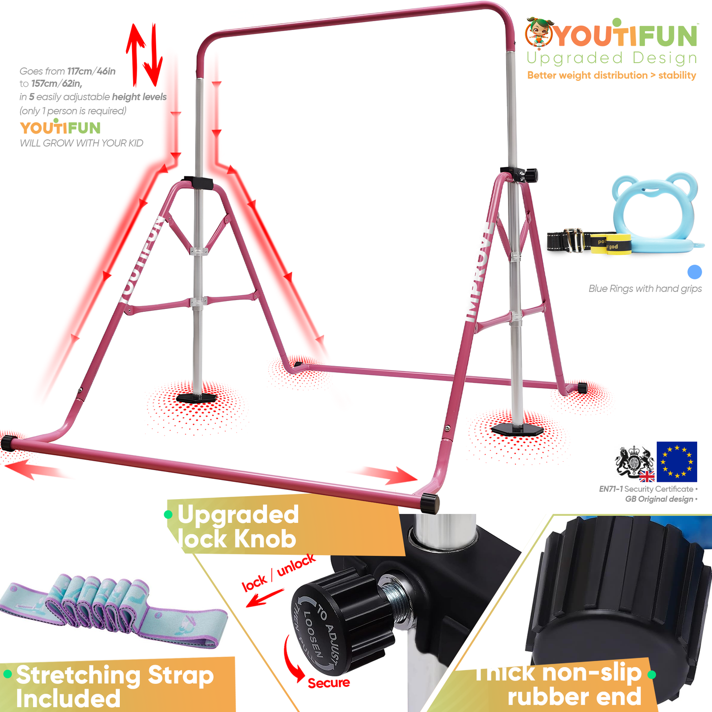 Steel Gymnastics bar (Pink w/ Blue Rings)