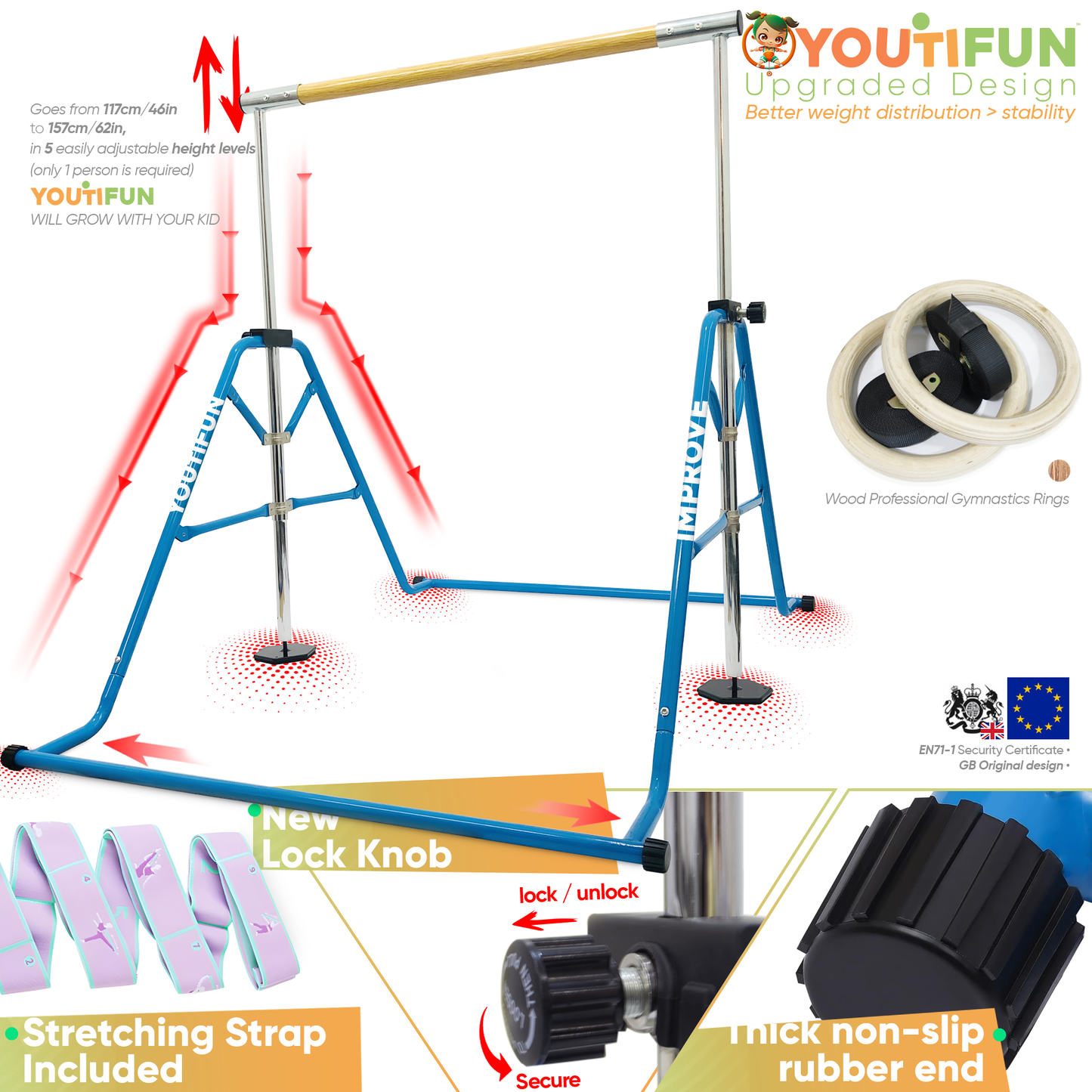 Fiberglass Gymnastics bar (Blue w/ Pro Rings)